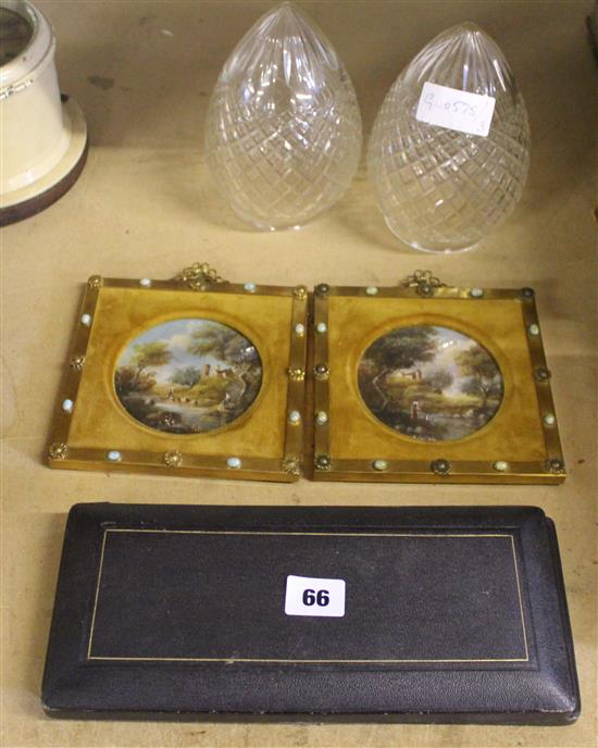 Cut glass shades, pair miniature paintings & horn handled servers